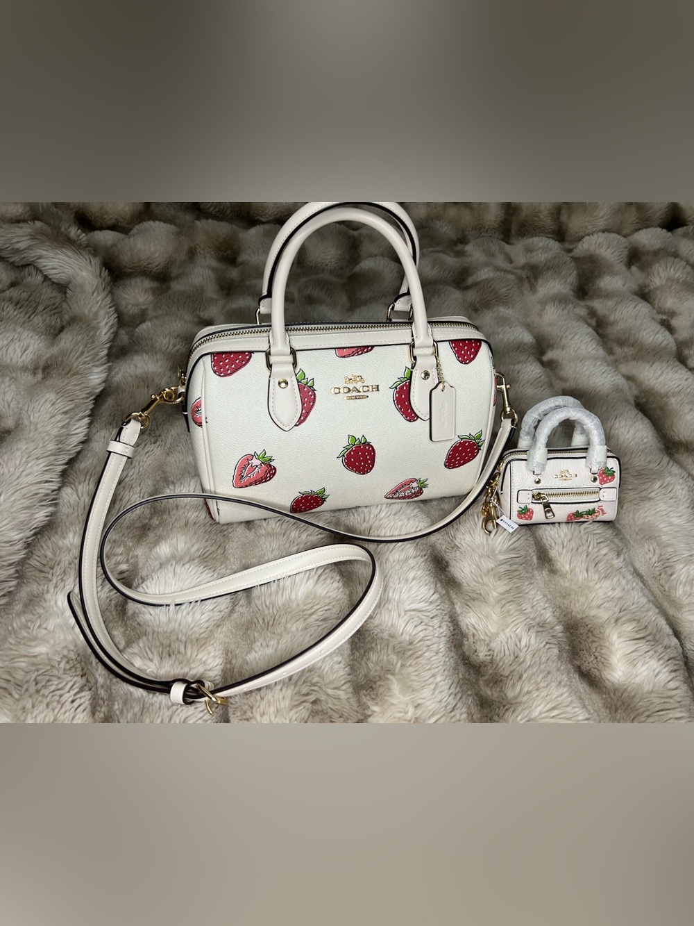 Coach Rowan Med & Micro White Strawberry Print Satchel Set ($653 total for set)
